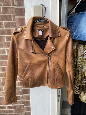 VENUS Cognac Brown Faux Suede Moto Jacket